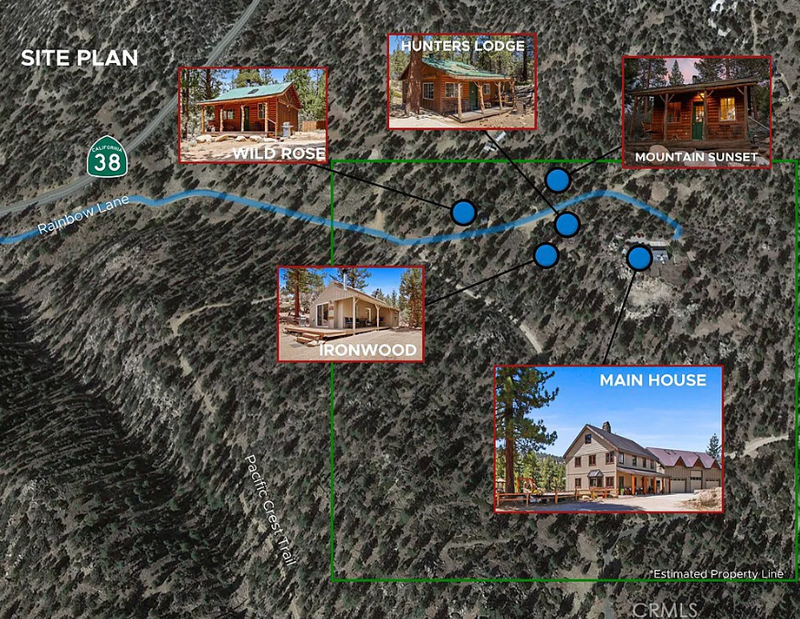 Aerial map of the 40 acres at Sunstone showing the Lodge, the four cabins (Hunters Lodge, Wild Rose, Mountain Sunset, Ironwood) and the access road off Highway 38