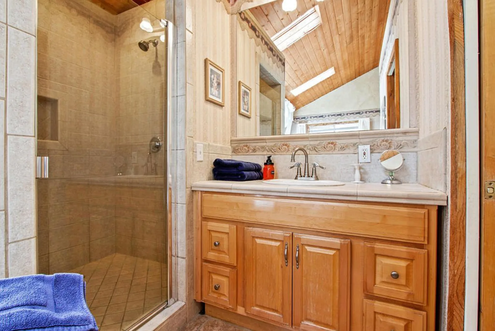 Bathroom with a glass door tile shower under a skylit vaulted ceiling