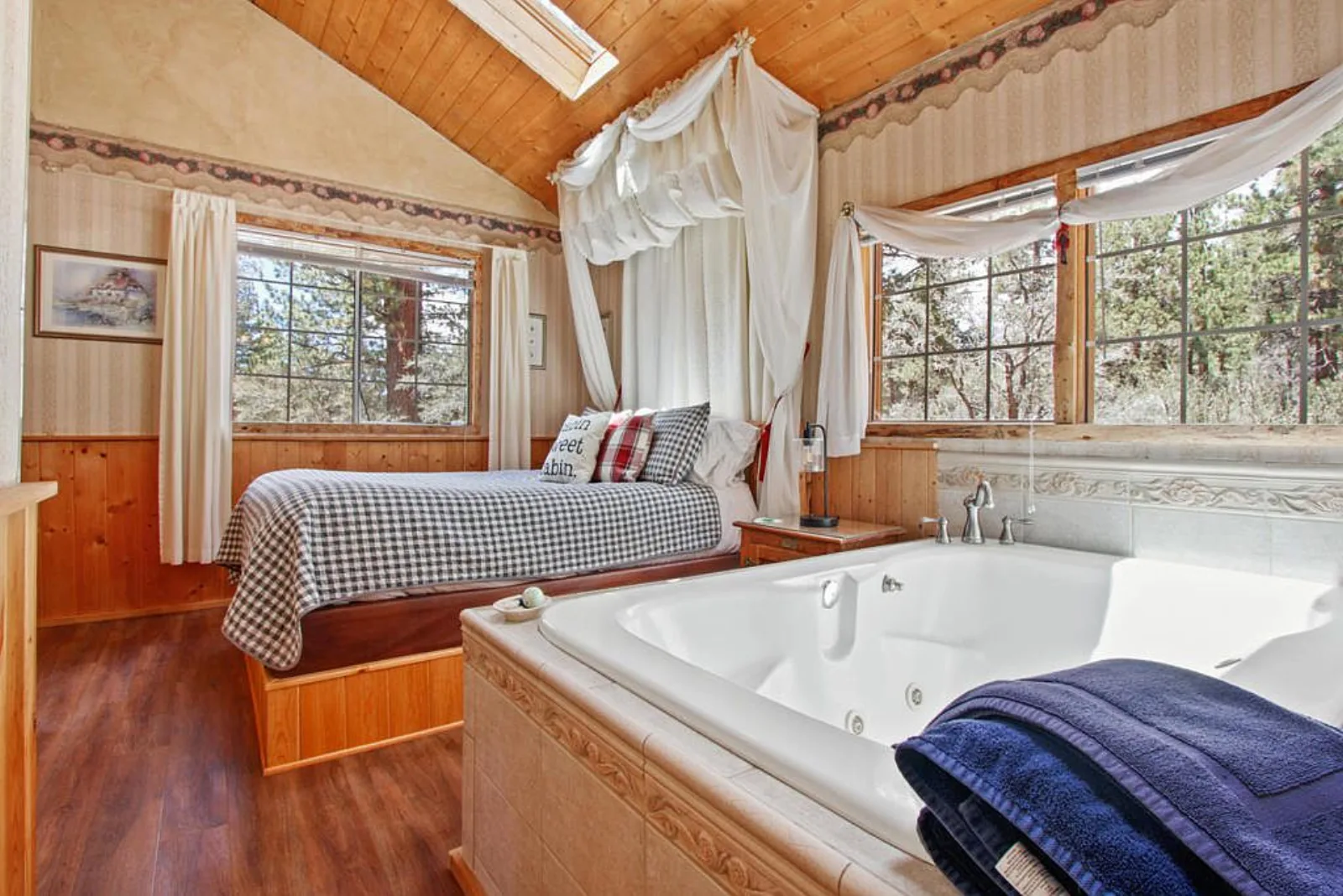 Bedroom with a canopy bed and an in room jetted tub