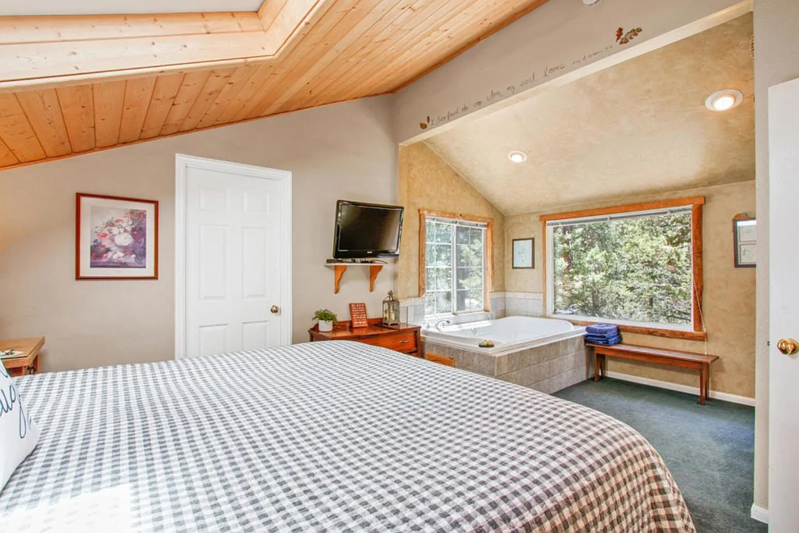Bedroom with a corner jetted tub alcove by a large window