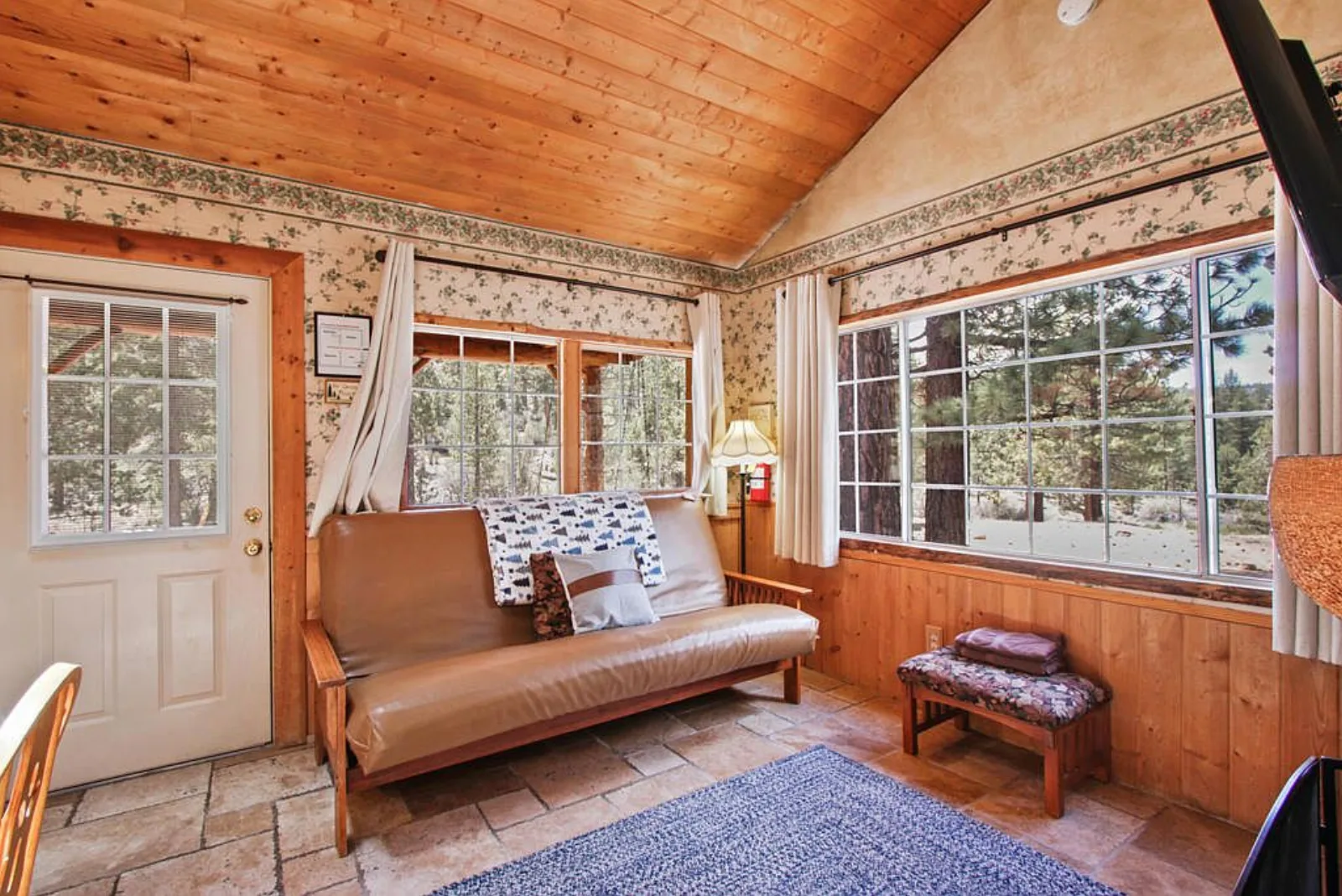 Cabin sitting area with a futon and windows onto the pine forest